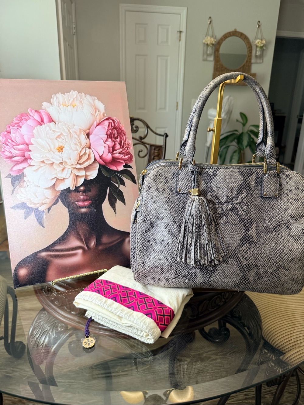 Tory Burch Gray Snake-Print Satchel with Tassel